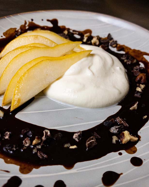 Fresh Pear with Whipped Ricotta & Cinnamon Chocolate Sauce