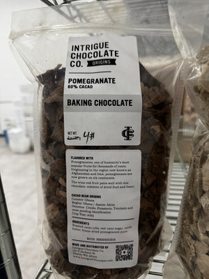 Intrigue Chocolate Co. bulk Pomegranate 60% baking chocolate in a labeled four-pound bag.